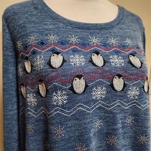 Christopher & Banks Penguin Holiday Embroidered Lightweight Knit Sweater Size L